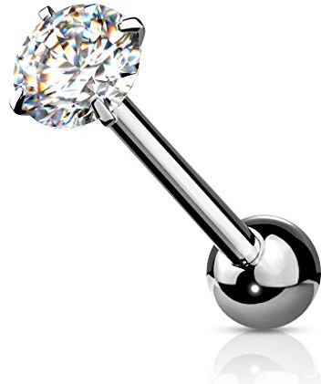 Tata Gisèle Piercing Langue Barbell en Acier Chirurgical 316L et Oxyde de Zirconium - Piercing Langue avec Zircon Rond Serti Quatre Griffes - (Argenté/Transparent)