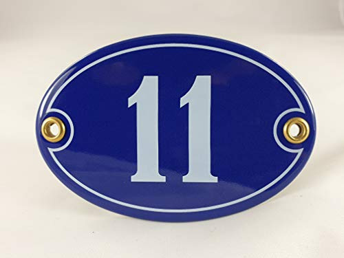 Emaille Hausnummer Schild Nr. 11, oval, Blau-Weiß Handarbeit