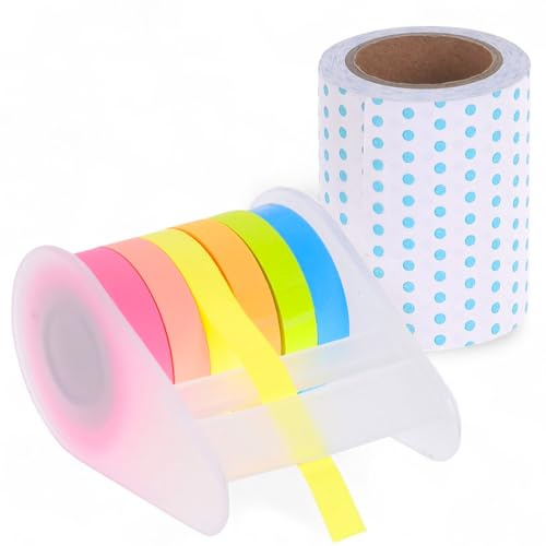 MIJOMA Washi Tape Set mit 7 Rollen, 1 Rolle 6cm breit mit Pünktchen-Design und 6 Rollen 0,8cm breit in Neonfarben, mit Dispenser, Jede Rolle 7m lang