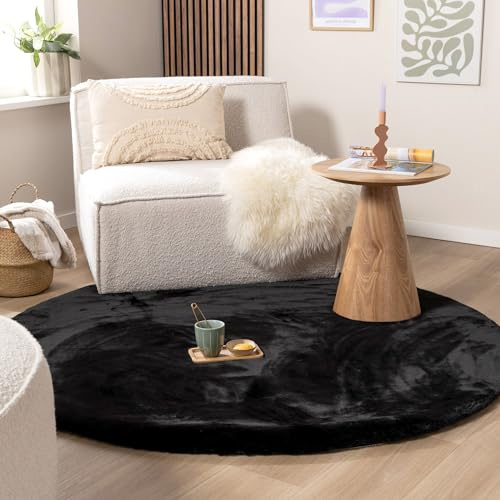 Hochflor Teppich Rund - Comfy Supreme Schwarz - Ø 80 cm | Shaggy, Einfarbig - Ländlich, Modern, Skandinavisch - Wohnzimmer, Esszimmer, Schlafzimmer - Fellteppich