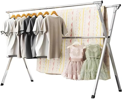 URYAN 79 Inches Stainless Steel Clothes Drying Rack, Heavy Duty Laundry Drying Rack Folding Indoor Outdoor, Portable Drying Rack Clothing, Free-Standing Laundry Stand with 20 Windproof Hooks