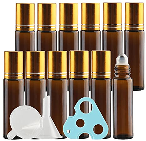 TIANZD 12 Stück Leere 10ml Braun Glas Roller Flaschen mit Gold Alu Schraubverschluss, Roll-On Glasflaschen mit Glasroller für Ätherische Öle Essential Oil mit Trichter Öffner