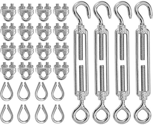 Jamiikury 4PCS M6 Hook & Eye Turnbuckle 304 Stainless Steel Turnbuckle Wire Rope Tension, 8PCS M3 Stainless Steel Thimble, 16PCS M3 Wire Rope Clip Clamp, Cable Railing Kit