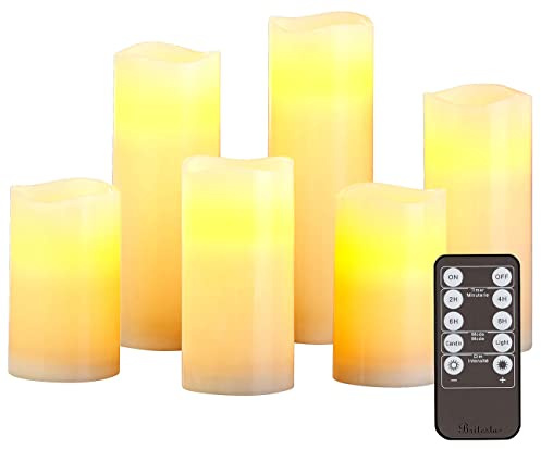 Britesta LED Batterie Leuchten: 6er-Set dimmbare LED-Echtwachskerzen mit Fernbedienung, in 5 Größen (Kerzen-Set mit Fernbedienung, Echtwachs Kerzen mit Timer, Flamme)