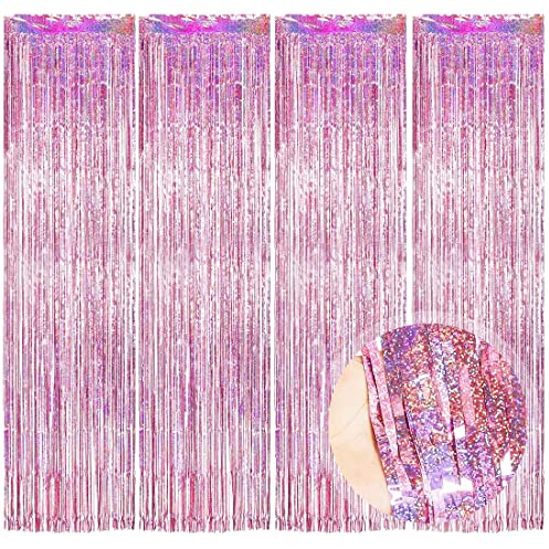 O-Kinee Lametta Vorhänge Rosa Glitzer, 4 Stück Metallische Glitzervorhang Fringe 1m x 2m, Glitzer Tinsel Curtain, Folienfransen Vorhang für Geburtstage Festivals Party ​deko Einschulung mädchen