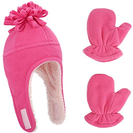 LACOFIA Beanie Beanie Kepsar & Grips Varm Fleece Baby Pilot Vintermössa med Öronmuffar och Barnhandske, A-rosa röd, 3-10 anni
