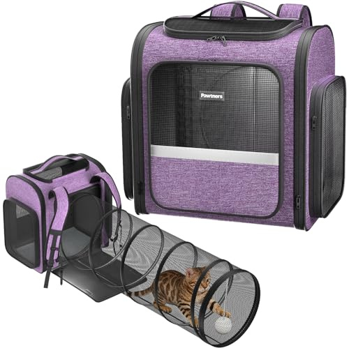 Pawtners Sac à Dos de Transport pour Chat avec Tunnel de Jeu Extensible, approuvé par Les compagnies aériennes, pour Petits Chiens et Grands Chats jusqu'à 11,3 kg, Sac de Transport Pliable pour