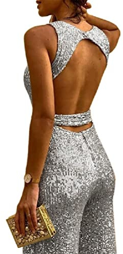 Frotox ÄRmelloser Damen Jumpsuit Mit Rundhalsausschnitt RüCkenfrei Lang Sexy Glitzer Pailletten Weites Strampler Cocktail Party Spielanzug Mit GüRtel Overall FüR Damen Formell