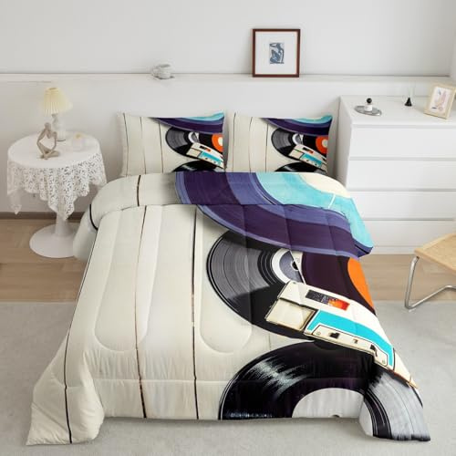 Castle Fairy Vintage Musical Comforter Set Twin Size,80s Retro Tape Record Print Bedding Set for Kids Boys Men,Audio Cassette Music Art Style Quilted Duvet Set with 1 Pillowcase
