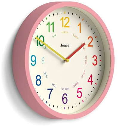 Jones Clocks® Kids wall clock | Small modern children’s nursery clock | 25cm | Pink | Colourful dial for learning to tell the time
