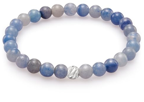 day.berlin Damen Perlenarmband Neo, Blauer Achat Naturstein Armband in Blau mit 6mm Edelsteinen, flexibles Zugband 17cm lang, handgeknüpft mit Strass Perle