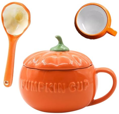 Halloween-Kürbisbecher, Kürbis-Suppentasse mit Deckel, Kürbis-Suppentassen mit Löffel, Keramik-Kürbis-Gesichtsschale, für Herbstdekoration, Cappuccino, Latte, Müsli, Joghurt, mikrowellengeeignet,