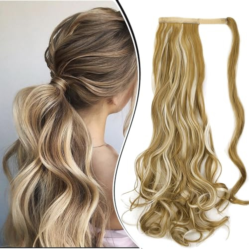 Dcbaboo Coda Capelli Extension Ricci 60cm Coda Finta Capelli Sintetici Posticci per Capelli Ondulati Extension Coda Capelli Finti Clip Coda di Cavallo Mossi Lunghi Ponytail, Bionda scura & bionda