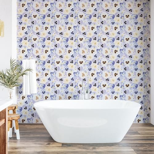 Ambesonne Nature Peel & Stick Wallpaper for Home, Floral Dreamy Illustration of Pansy Flowers Springtime Art Garden Scene, Self-Adhesive Living Room Kitchen, 33 cm x 90 cm, Ceil Blue Earth Yellow