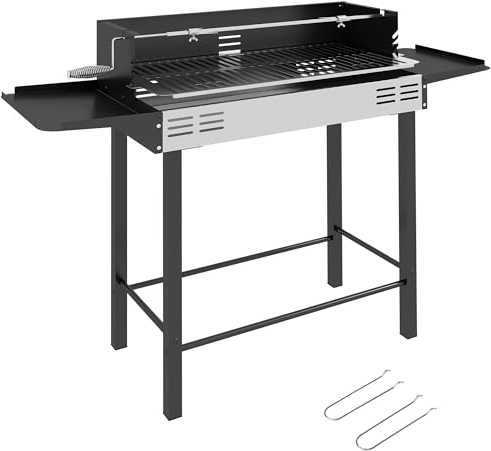 Outsunny Barbecue a Carbone con Griglia a 3 Livelli, Mensole Pieghevoli e Girarrosto, Barbecue da Esterno in Acciaio Inox con Vassoio, 118x32x90 cm, Nero