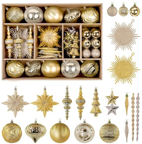 SHareconn 80pcs 4-12.5cm Christmas Baubles Set, Shatterproof Plastic Gold Baubles for Christmas Tree Decorations, Holiday Party Decorations, with Hanging String, Dark and Light Gold