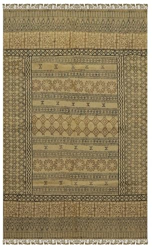 CASAVANI Handblock-bedruckter Jute-Teppich, 5 x 15 cm, Kelim-Teppich, hochwertig, handgewebter Teppich, Beige, Schwarz, handgefertigt, Boho, geflochtener Teppich, für drinnen und draußen, Flachgewebe,