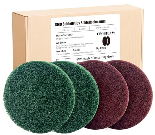 GEOGIEEW 4 Stück Klett Schleifvlies, 2 Schleifschwamm 150mm, Polierschwamm für Exzenterschleifer