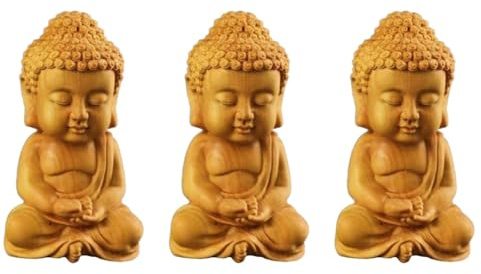 Cabilock 3Er Set Mini Buddha-Statue Aus Holz 2.56X1.38X3.54In Kreative Handgeschnitzte Buddha-Figur Für Zuhause Und Auto Dekoration Feines Holzhandwerk