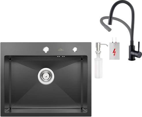 Auralum Lavello da cucina in acciaio inox 55 x 45 cm + rubinetto a bassa pressione nero lavello cucina angolare + rubinetto flessibile cucina 3 connettori, lavello da incasso nero antracite