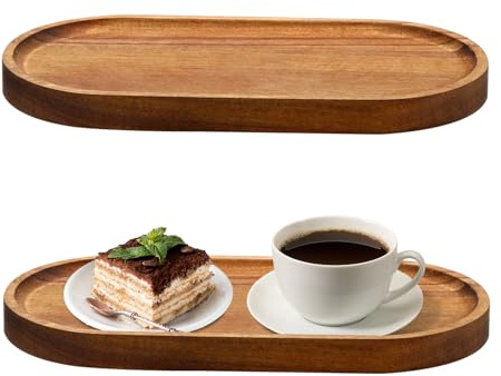 WIYETY 2 Stück Akazie Holztablett: Dekotablett mit Hochgezogenem Rand, Serviertablett Holz, Oval Holzbrett Küche Ideal für Dessert Kuchen Snacks Brot Fleisch Gemüse Käse Schinken(19x10.5x1.5cm)