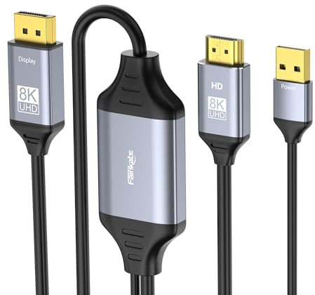 fairikabe 4K@120Hz HDMI to Displayport Cable with USB Powered for Xbox Series X, PS4,PS5, PS4 Pro, 8K HDMI 2.1 Source to Display Port 1.4 Adapter Cable 6.6ft, Unidirectional HDMI Male to DP Male