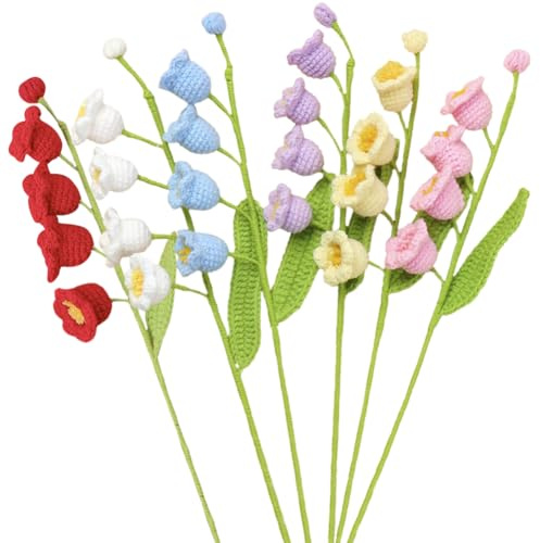 Magicherry Bouquet fatto a mano in 6 colori all'uncinetto con fiori di orchidea a campana e fiori artificiali a 4 teste di mughetto per la casa, centrotavola, decorazione per feste di nozze