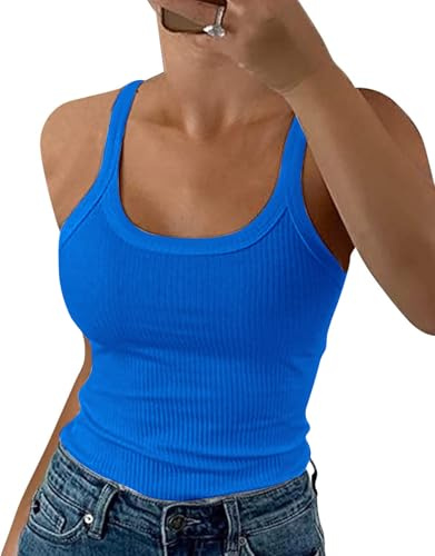 DUOEASE Top Mujer 2025 Basicas Slim fit Cuello Crew Costilla Camiseta de Tirantes Elástica Ropa Verano Azul-XS