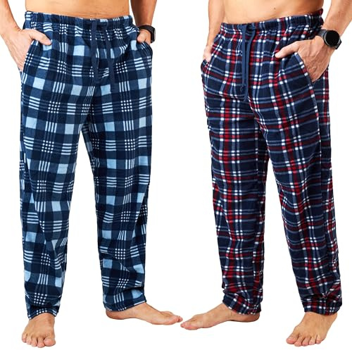 Get Trend Pantalones Pijama Hombre Invierno, Paquete de 2, Ropa de Dormir Suave y Cálida con Bolsillos y Cintura Elástica (M, Azul Marino/Rojo, 2)