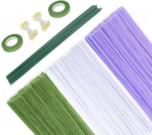 Pfeifenreiniger Chenilledraht Blumen Set, 300 Stück Pfeifenputzer zum Basteln (3 Farben: Grün Weiß Taro-Lila) mit Blumendraht, Floristenband, Blumen Staubblatt Pipe Cleaner Chenille Stem für DIY Craft