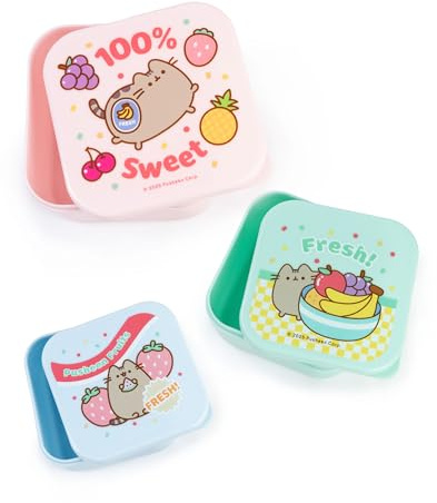 Pusheen Set de recipientes para golosinas para gatos en azul claro, rosa y verde menta | Set de 3 recipientes apilables | Diseño de frutas frescas de dibujos animados