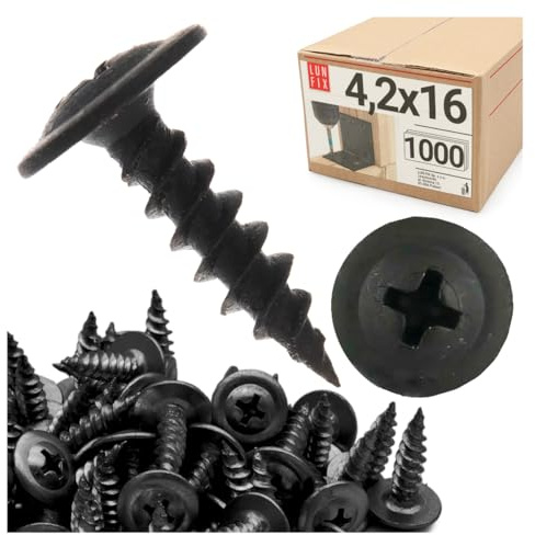 LUN FIX Selbstschneidende Schrauben 4,2x16 mm 1000 Stk Kunststoff | Blechschrauben Schwarz Phosphatiert Flanschkopf Holzschrauben Für Blech Spanplatten Trockenbau Zubehör Akustikpaneele