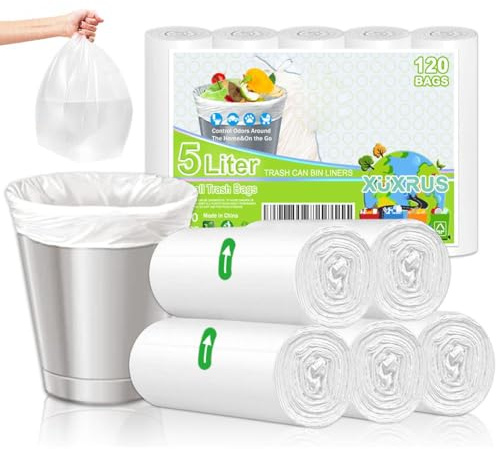 XUXRUS Bolsa Basura 5L Blancas – 120 Unidades, 40x45cm, Resistentes al Desgarro y Sin Fugas, Bolsas de Basura 5 Litros para Baño, Cocina, Oficina, Cubos Pequeños