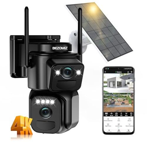 4K Camera Surveillance WiFi Exterieure sans Fil Double Objectif,2.4/5GHz Camera Exterieur avec Panneau Solaire,355° PTZ,Vision Nocturne Couleur,Audio Bidirectionnel,PIR Sirène,Suivi Intelligent