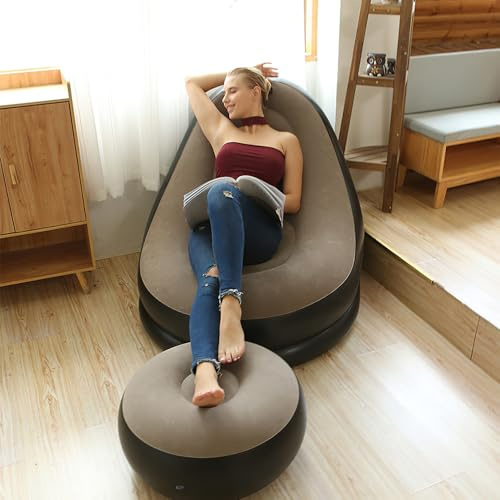 BEOSIOR Inflatable Chair Sofa, Portable Blow Up Armchair, S-Shaped Lazy Air Sofa Bed with Armrest, Single Adults Lounger for Indoor Gaming Reading, Outdoor Garden Camping Gaming, Brown (B Style)