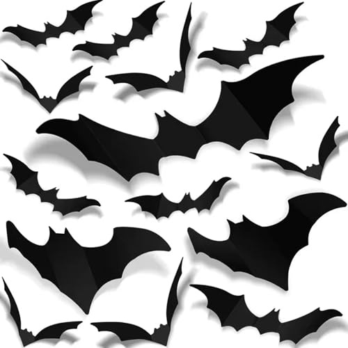 72 Pièces 3D Chauve Souris Halloween Autocollants 4 Tailles Murale Decoration Halloween Interieur Noir Effrayantes Chauves-souris Stickers d'Halloween pour Mur, Porte et Fenêtre de Maison