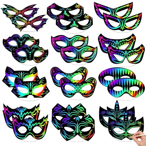 Cosysparks Masques à Gratter Enfant, 24 Pcs Masques en Papier Bricolage pour Décorer les Enfants Drôle Magic Scratch Art Masque Craft Kit pour Anniversaire Cosplay Fête à Thème