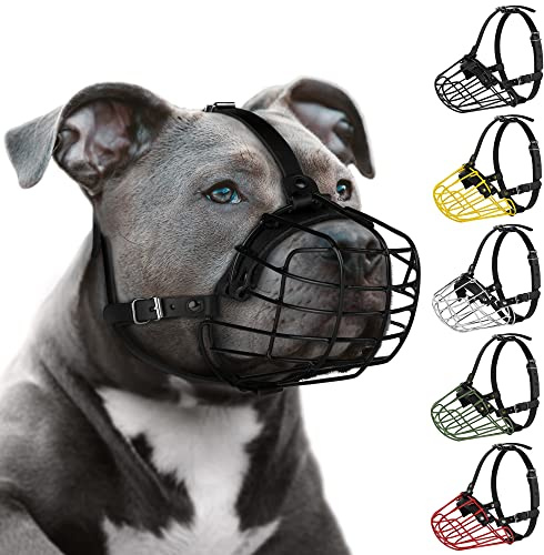 Pitbull Maulkorb für Hunde, Metallmaske, Amstaff sicherer Drahtkorb, verstellbar, langlebig, Lederriemen für große Hunde, Schwarz