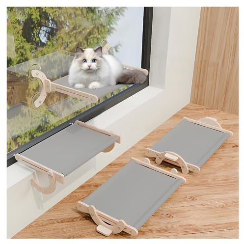 BLOGLOER 4 in 1 Katzen Fensterliege, Faltbar Katzen Hängematte Fenster, Katzenhängematte, Fensterbank Katzenliege, Sonnenbad Katzenbett Fenster, Massives Eichenholz, Stabil Saugnäpfe