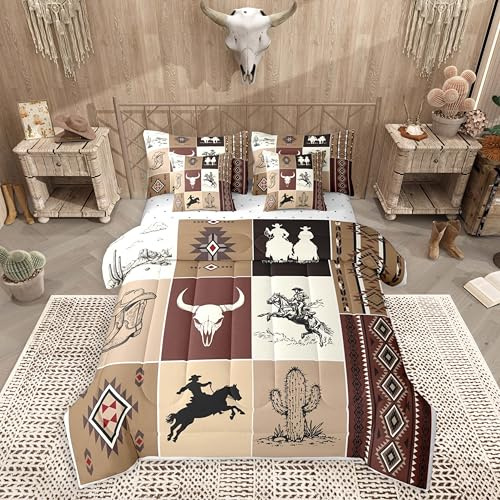 Feelyou Western Comforter Set with Sheets 7 Piece Queen Size Southwestern Aztec Bedding Set Rustic Cowboy Horse Bed in a Bag Vintage Country Room Decor Brown Bull Skull Soft Microfiber
