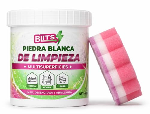 BLITS Piedra Blanca de Limpieza Multiusos 600 g con Esponja | Arcilla Limpiadora Cocina y Baño | Limpia, Desengrasa y Abrillanta | Acero Inoxidable, Grifos, Fregaderos y Azulejos | Fácil Aclarado