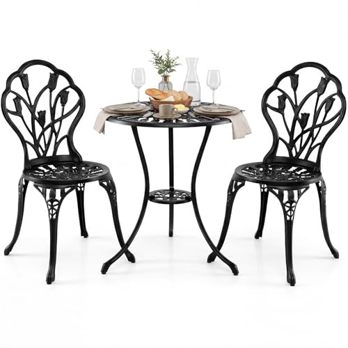 COSTWAY 3 Pieces Patio Bistro Set, Cast Aluminum Weather Resistant Table and Chairs with Umbrella Hole, Antique Garden Furniture Set Outdoor Dining Set (Black, Tulip Pattern)