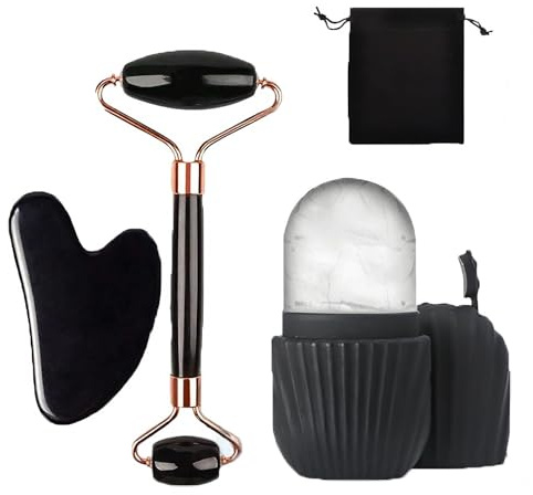 MINGBOLIN Kit Gua Sha 4 Pièces Rouleau Visage et Rouleau de Glace Noir | Rouleau double tête Gua Sha cœur rouleau de glace réutilisable en silicone et pochette pour visage cou et décolleté