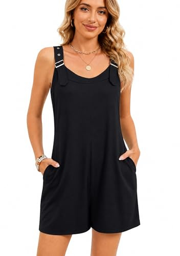 es-uk Women’s Short Jumpsuit with Pockets – Sleeveless Casual Summer Playsuit with Adjustable Buckle Straps, Relaxed Fit Holiday Romper (Black, XXL)
