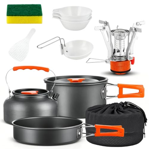 Camping Kochgeschirr Set 9 Stück, Cuisine Camping | Mit Gasherd und Pfanne | Set aus hart eloxiertem Aluminium mit Topf und Wasserkocher zum Kochen