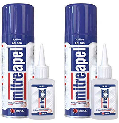 Mitreapel Colla Super Ca (0,90 Once) Con Attivatore Adesivo Spray (3,40 Once Fluide) - Colla Cianoacrilica Per La Lavorazione E La Costruzione|2 Pacchi
