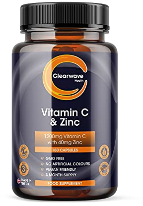 Vitamin C and Zinc | High Strength Vitamin C Capsules | 1200mg VIT C and Zinc 25mg Per 2 Capsule Daily Serving | by Clearwave Health