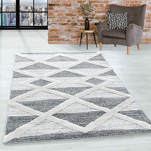Hochflor Shaggy Teppich 3D Geometrisch Design 120x170 cm Grau - Für Wohnzimmer, Schlafzimmer, Esszimmer, Küche - Boho Stil, 20 mm Florhöhe, Extra Weich, Flauschig, Pflegeleicht