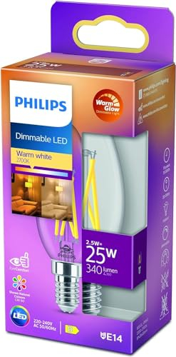 Philips LED Lampadina Candle & Lustre, Oliva, Filamento, WarmGlow, 2.5-25W, Dimmerabile, E14, 1 pezzo