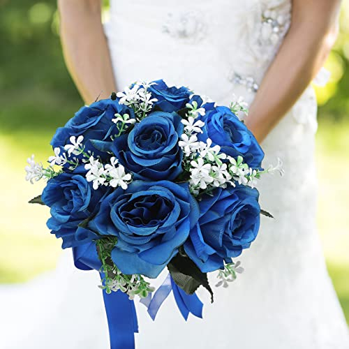 ASSR Romantischer Rosenstrauß für Hochzeit, künstliche Seidenrosen, Blumenstrauß mit Band, für Braut oder Brautjungfern, Blumenstrauß für Braut oder Brautjungfern (Blau)